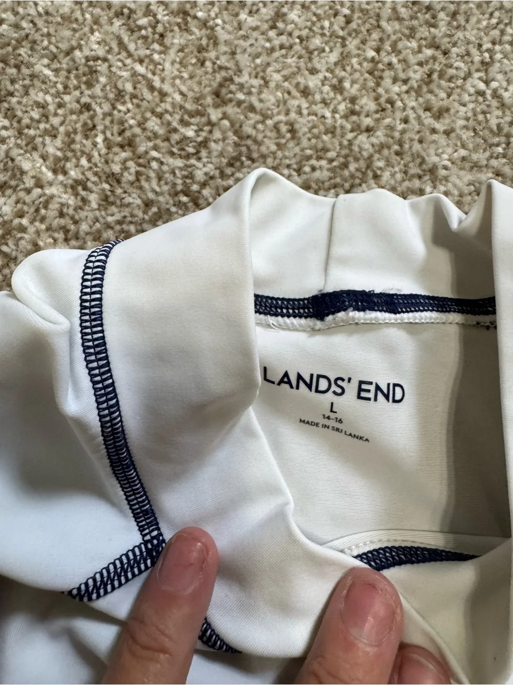 Lands' End White Long-Sleeve Rash Guard with Navy Trim